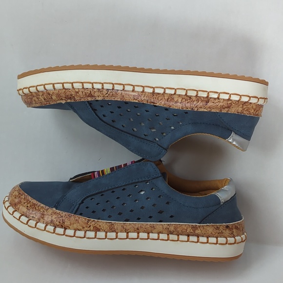Faux Suede Leather Perforated Cork Look Slip On Sneaker 8 Blue - Picture 8 of 16